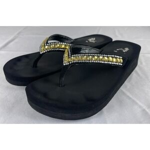 YELLOW BOX WOMENS FLIP FLOPS SANDALS BLACK RHINESTONE BLING SIZE 7.5 CASUAL‎